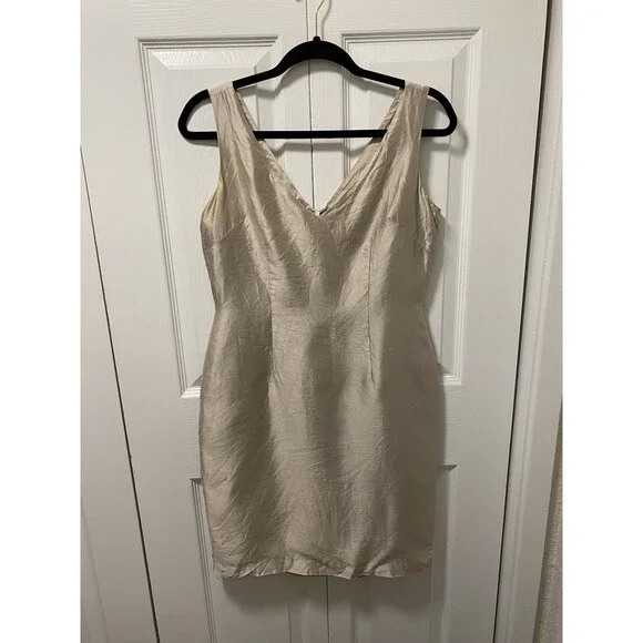 Gilar 100% Silk Fitted Hourglass Silhoutte Lined Sheath Dress Beige -Size 6 - Picture 14 of 14